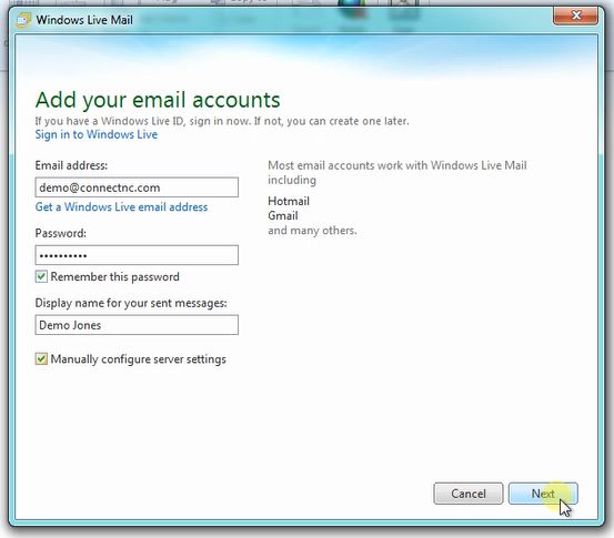Live Mail 2012 add first new account