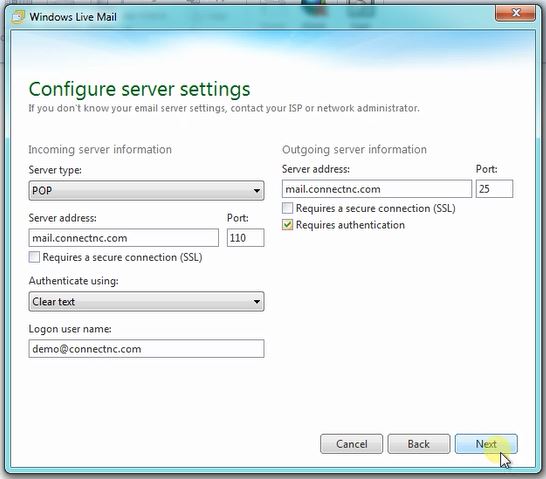 Live Mail 2012 Server Settings