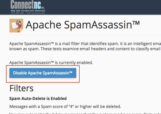 cPanel disable spamassassin